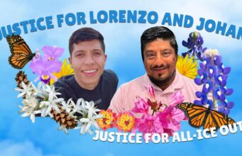 Inmigración desata protestas masivas en todo EE. UU. Retratos de Lorenzo Salgado y Johan Guerrero rodeados de flores con lemas de justicia e inmigración.