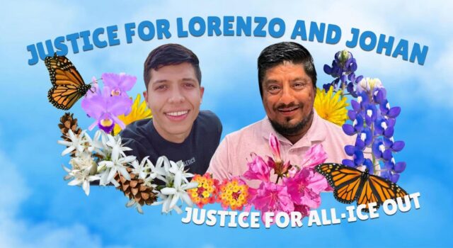 Inmigración desata protestas masivas en todo EE. UU. Retratos de Lorenzo Salgado y Johan Guerrero rodeados de flores con lemas de justicia e inmigración.