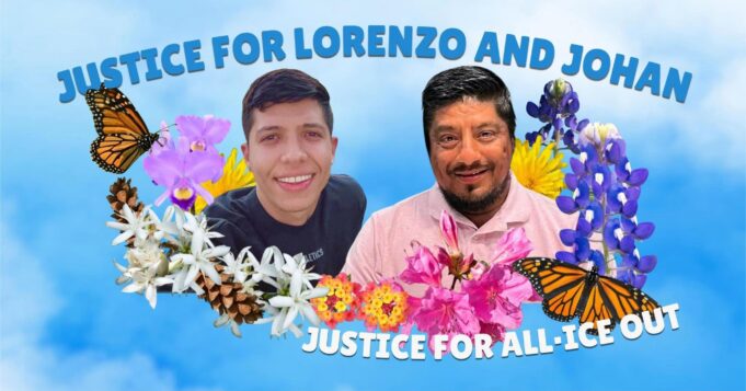 Inmigración desata protestas masivas en todo EE. UU. Retratos de Lorenzo Salgado y Johan Guerrero rodeados de flores con lemas de justicia e inmigración.