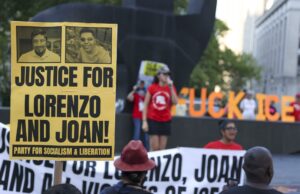 Víctimas del ICE desatan protestas masivas en Nueva York Cartel amarillo de protesta en Nueva York pidiendo justicia para Lorenzo y Joan, víctimas de disparos del ICE.