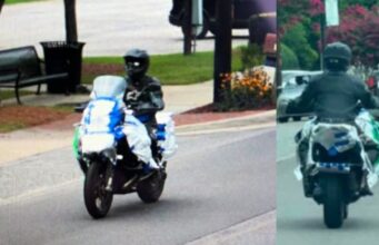 Robo al banco PNC de Springville moviliza al FBI Sospechoso del robo al banco PNC conduciendo una motocicleta con envolturas blancas y azules en Springville, Alabama.