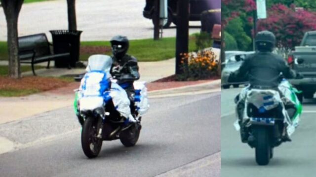 Sospechoso del robo al banco PNC conduciendo una motocicleta con envolturas blancas y azules en Springville, Alabama.