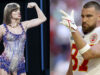 Boda de Taylor Swift y Travis Kelce sacude a Nueva York Composición de Taylor Swift cantando en el escenario y Travis Kelce con uniforme de fútbol americano guiñando el ojo.