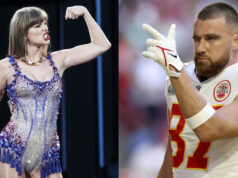 Boda de Taylor Swift y Travis Kelce sacude a Nueva York Composición de Taylor Swift cantando en el escenario y Travis Kelce con uniforme de fútbol americano guiñando el ojo.