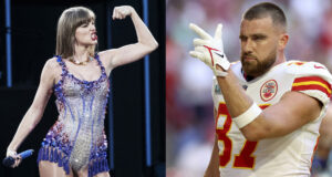 Boda de Taylor Swift y Travis Kelce sacude a Nueva York Composición de Taylor Swift cantando en el escenario y Travis Kelce con uniforme de fútbol americano guiñando el ojo.