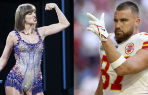 Boda de Taylor Swift y Travis Kelce sacude a Nueva York Composición de Taylor Swift cantando en el escenario y Travis Kelce con uniforme de fútbol americano guiñando el ojo.