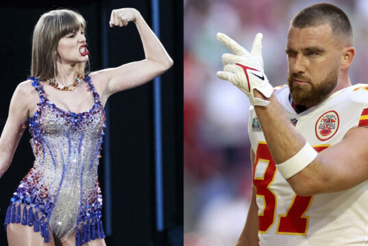 Boda de Taylor Swift y Travis Kelce sacude a Nueva York Composición de Taylor Swift cantando en el escenario y Travis Kelce con uniforme de fútbol americano guiñando el ojo.