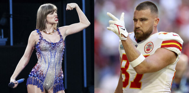 Composición de Taylor Swift cantando en el escenario y Travis Kelce con uniforme de fútbol americano guiñando el ojo.