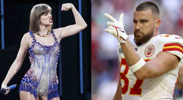 Boda de Taylor Swift y Travis Kelce sacude a Nueva York Composición de Taylor Swift cantando en el escenario y Travis Kelce con uniforme de fútbol americano guiñando el ojo.