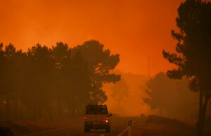 Incendio en Portugal moviliza a más de 800 bomberos Vehículo de emergencia transitando por carretera rodeada de humo por incendio forestal en Portugal.
