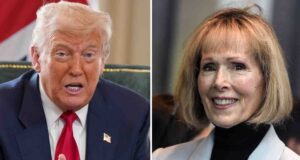 Corte Suprema de EE. UU. rechaza apelación de Donald Trump Retratos del presidente Donald Trump y la escritora E. Jean Carroll enfrentados por fallo de la Corte Suprema.