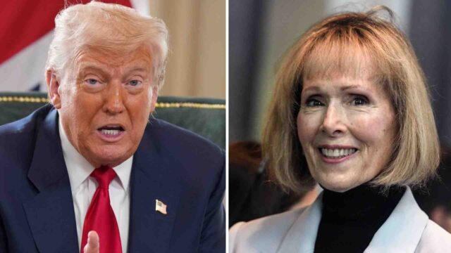 Retratos del presidente Donald Trump y la escritora E. Jean Carroll enfrentados por fallo de la Corte Suprema.