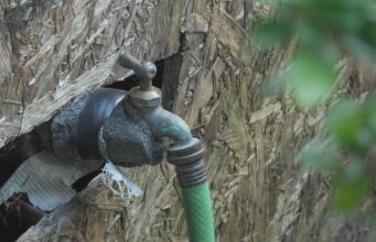 Facturas de agua excesivas generan cobros de cientos de dólares Llave de agua exterior con aislamiento y manguera verde conectada en una pared de madera.