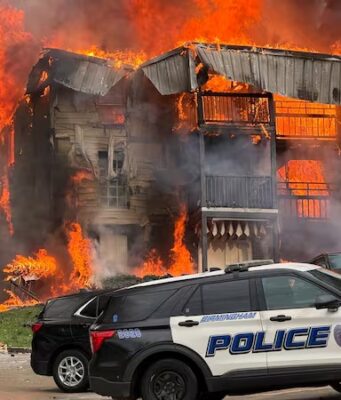 Incendio en apartamentos de Birmingham deja 20 desplazados Voraz incendio consume edificio de apartamentos en Birmingham con patrulla policial en primer plano.