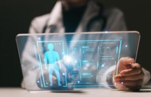 Codifican el departamento de salud ante muertes por sarampión Profesional médico interactuando con una pantalla transparente digital que muestra indicadores de salud pública.