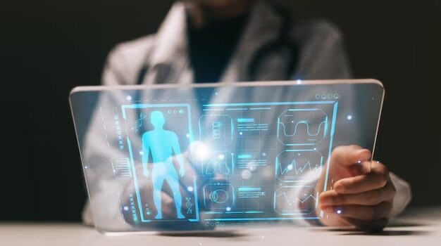 Codifican el departamento de salud ante muertes por sarampión Profesional médico interactuando con una pantalla transparente digital que muestra indicadores de salud pública.