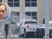Arresto tras persecución y choque en la Highway 280 Agentes armados rodeando una camioneta chocada en la Highway 280 con el retrato de Patricia Grant en recuadro.