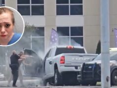 Arresto tras persecución y choque en la Highway 280 Agentes armados rodeando una camioneta chocada en la Highway 280 con el retrato de Patricia Grant en recuadro.