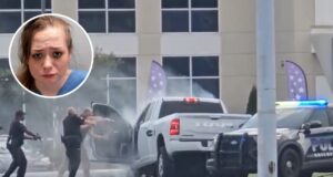 Arresto tras persecución y choque en la Highway 280 Agentes armados rodeando una camioneta chocada en la Highway 280 con el retrato de Patricia Grant en recuadro.
