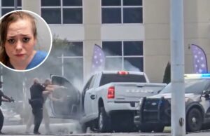 Arresto tras persecución y choque en la Highway 280 Agentes armados rodeando una camioneta chocada en la Highway 280 con el retrato de Patricia Grant en recuadro.