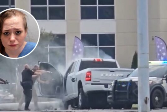 Arresto tras persecución y choque en la Highway 280 Agentes armados rodeando una camioneta chocada en la Highway 280 con el retrato de Patricia Grant en recuadro.