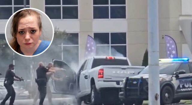 Arresto tras persecución y choque en la Highway 280 Agentes armados rodeando una camioneta chocada en la Highway 280 con el retrato de Patricia Grant en recuadro.