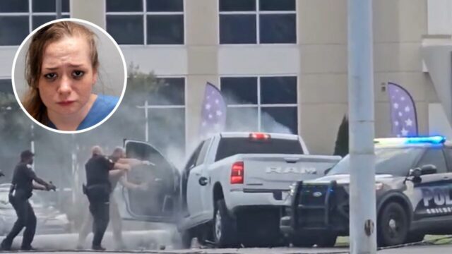 Arresto tras persecución y choque en la Highway 280 Agentes armados rodeando una camioneta chocada en la Highway 280 con el retrato de Patricia Grant en recuadro.
