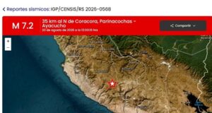 Terremoto de 7,2 remece la región andina en Perú Mapa del reporte sísmico del IGP mostrando el epicentro de magnitud 7.2 en Coracora, Ayacucho, Perú.