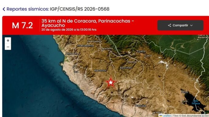 Terremoto de 7,2 remece la región andina en Perú Mapa del reporte sísmico del IGP mostrando el epicentro de magnitud 7.2 en Coracora, Ayacucho, Perú.