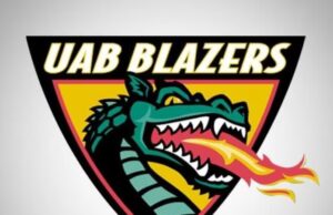 UAB vende entradas individuales para partidos de otoño Logotipo oficial de UAB Blazers con un dragón verde escupiendo fuego sobre fondo amarillo y rojo.
